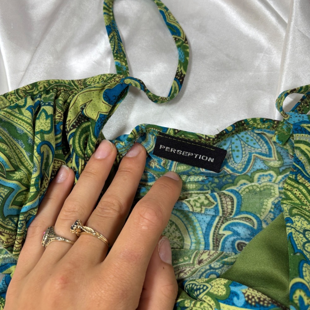 y2k Cami Top Green Excellent Paisley Sequin Empire Waist Perseption Tank - Picture 5 of 7